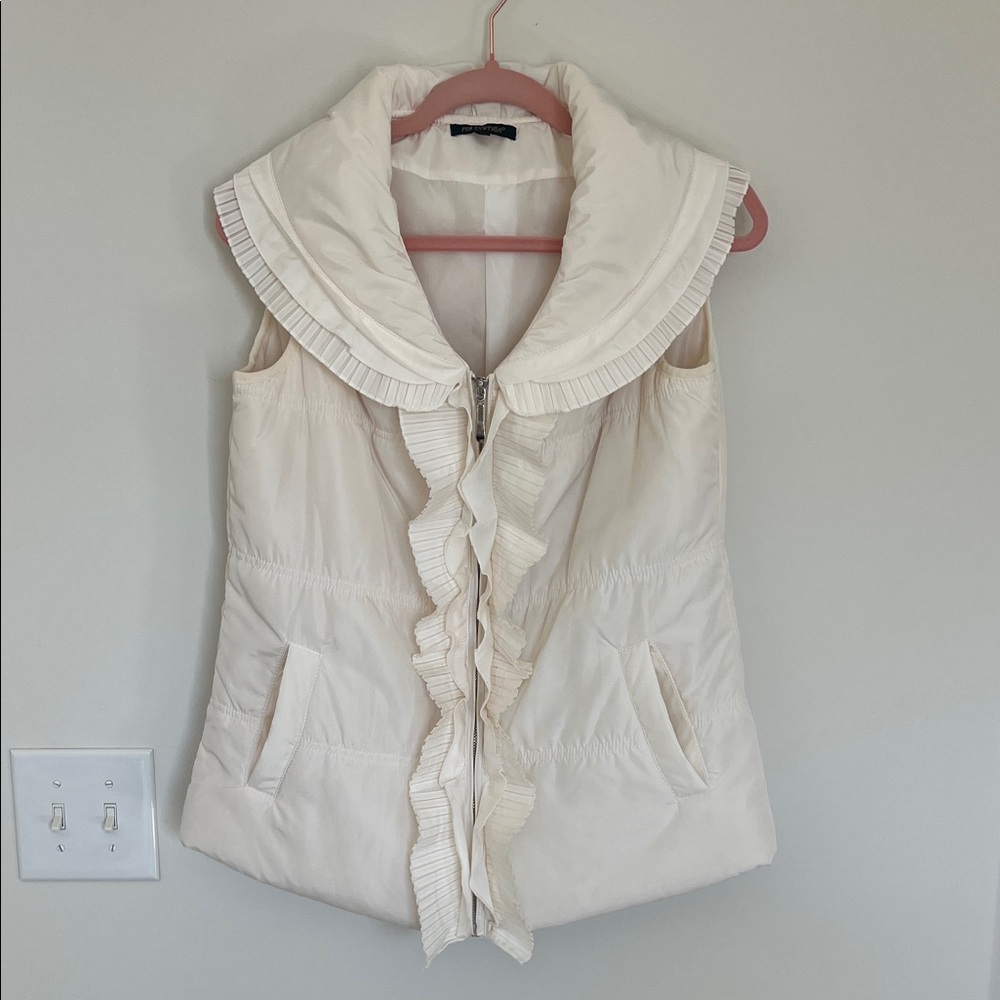 For Cynthia Ivory Puffer Vest with Shawl Collar and Ruffle Bodice Detail